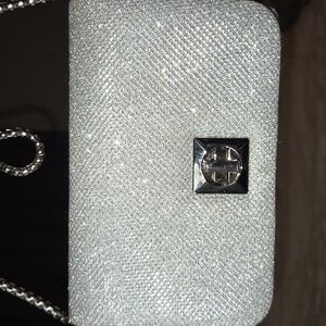 Silver GLITTER SPARKLE Clutch Purse With Detachable Silver Chain Strap